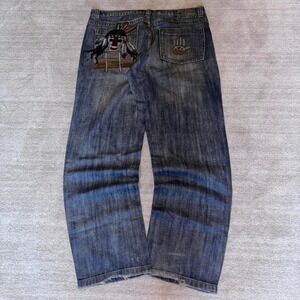 Miskeen Vintage Y2k Baggy Jeans with Embroidered Pockets pirates design SZ 38